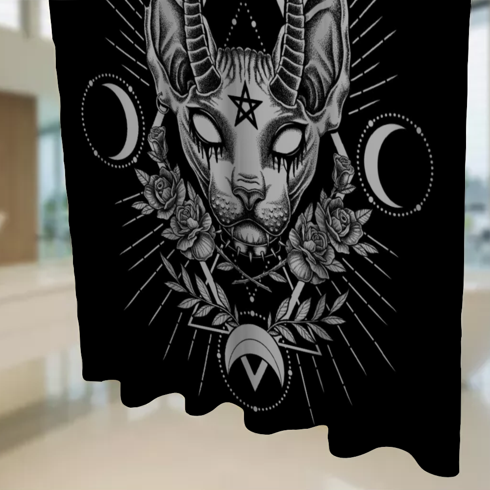 Gothic Occult Black Cat Unique Sphinx Style Awesome Demon White Eye Shower Curtain 71" x 69"
