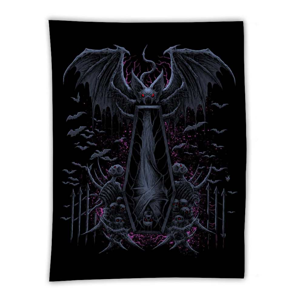 Skull Batwing Skeleton Coffin Shroud Awesome Night Blue Pink Tapestry 59" × 79''
