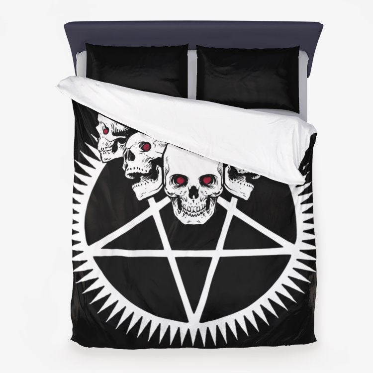 Red Eye Skull Inverted Pentagram Black And White 3 Piece Microfiber Duvet Set
