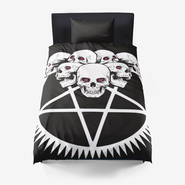 Red Eye Skull Inverted Pentagram Black And White 3 Piece Microfiber Duvet Set