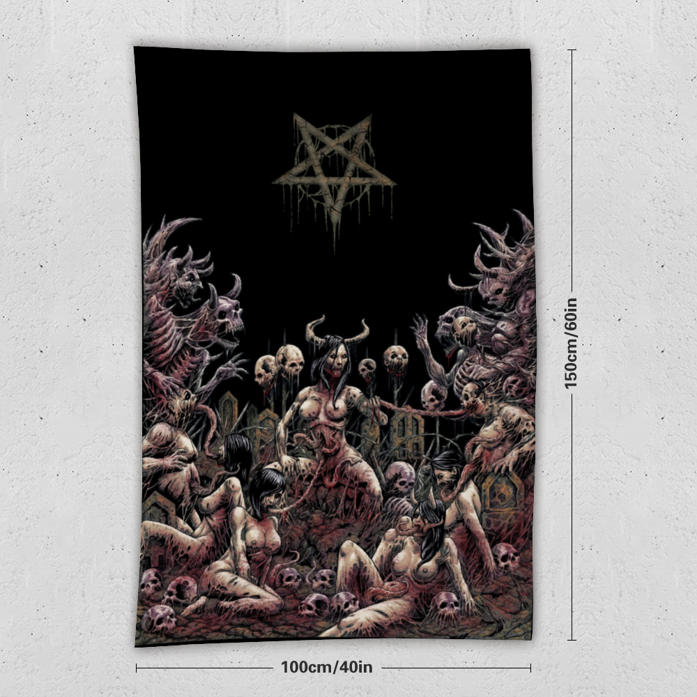 Skull Satanic Pentagram Demon Nymphomania And Loving It Wall Tapestry 39" × 59''