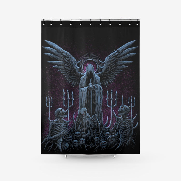 Skull Skeleton Gothic Hooded Wing Demon Sword Awesome Night Blue Pink Textured Fabric Shower Curtain