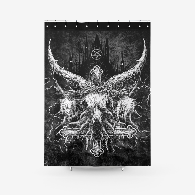 Skull Skeleton Demon Crowned Satanic Goat With Satanic Pentagram Church Textured Fabric Shower Curtain