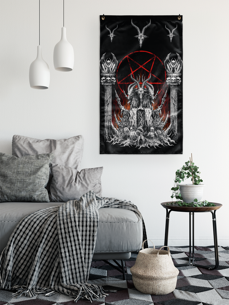 Skull Skeleton Satanic Goat Wall Flag Black And White Flame