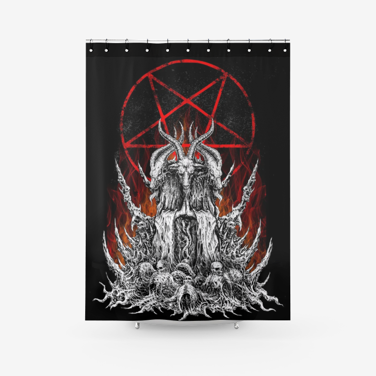 Skull Skeleton Satanic Goat Satanic Pentagram Flame Color Textured Fabric Shower Curtain