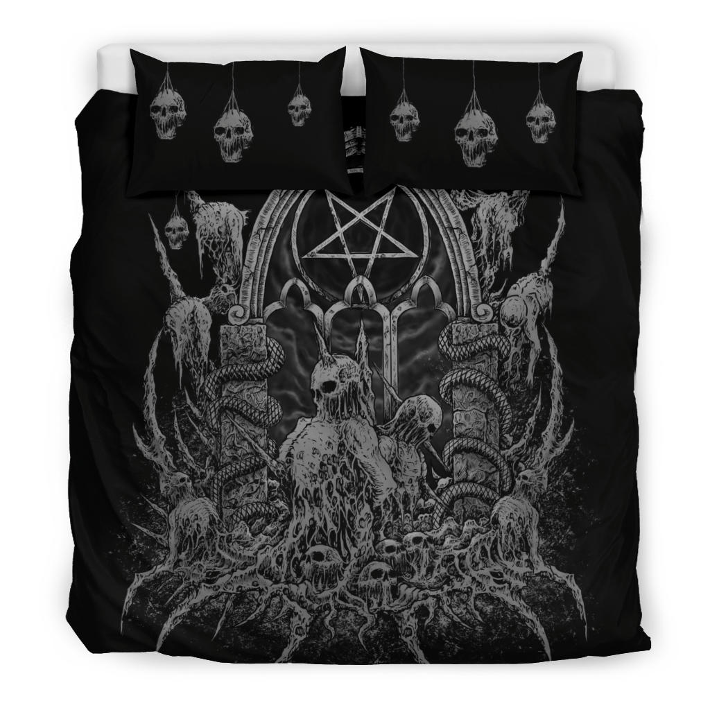 Satanic Skull Inverted Pentagram Shrine Of Impaled Skeletons 3 Piece Duvet Set Grey Version