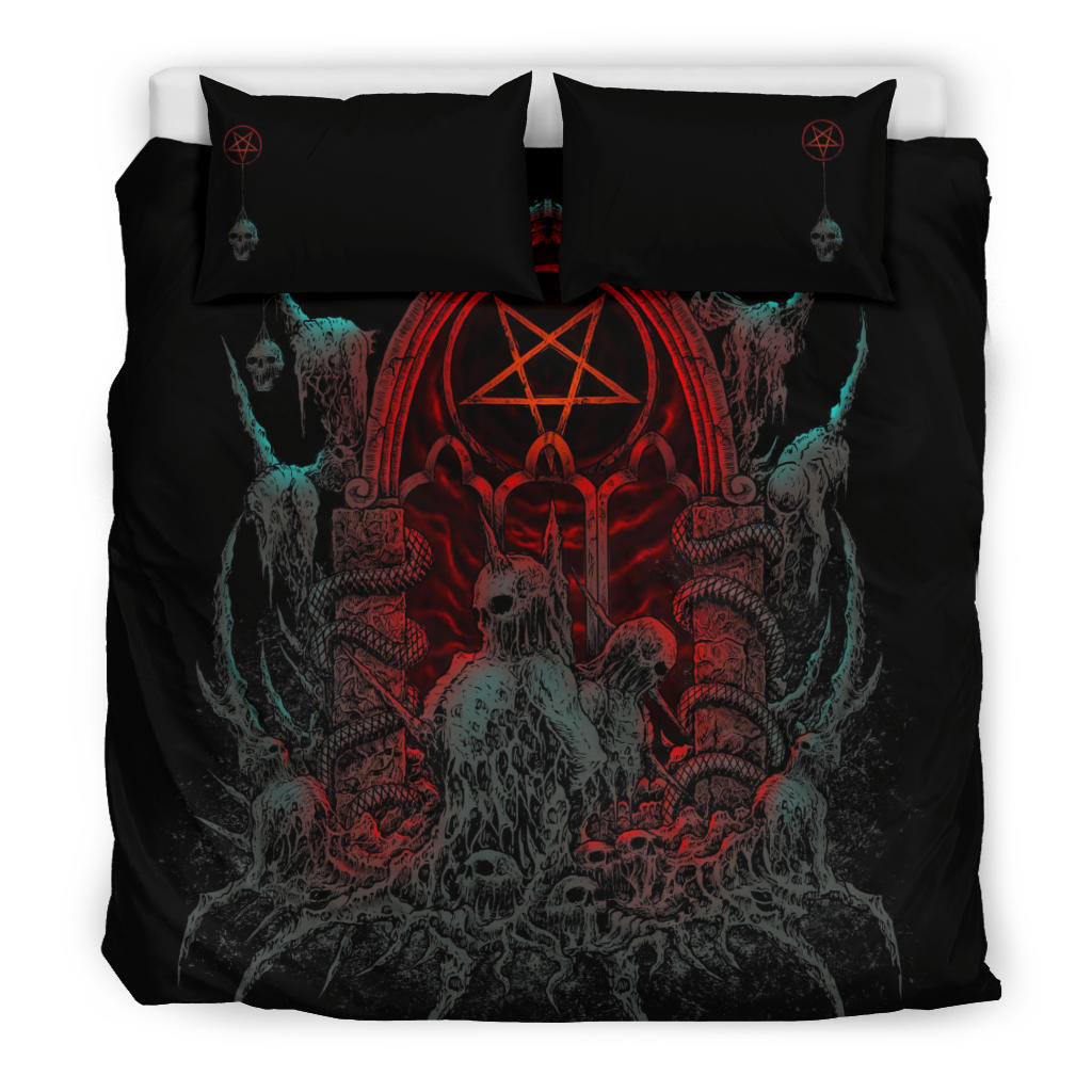 Satanic Skull Inverted Pentagram Shrine 3 Piece Duvet Set Color Version