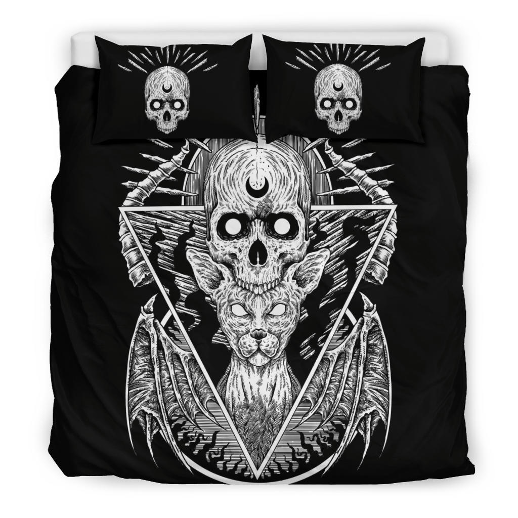 Gothic Skull Demon Cat 3 Piece Duvet Set Black And White Version