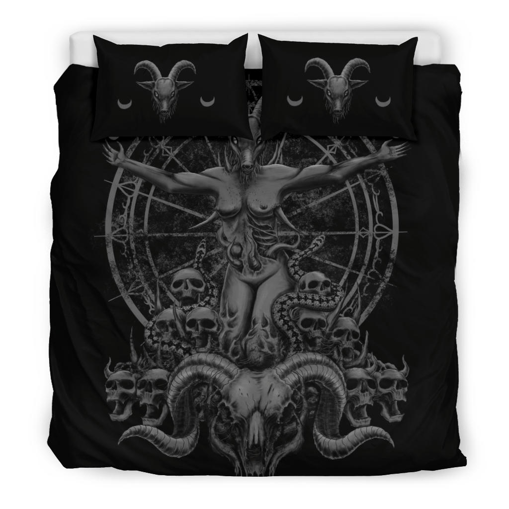 Satanic Skull Demon Goat Woman 3 Piece Duvet Set Grey Version