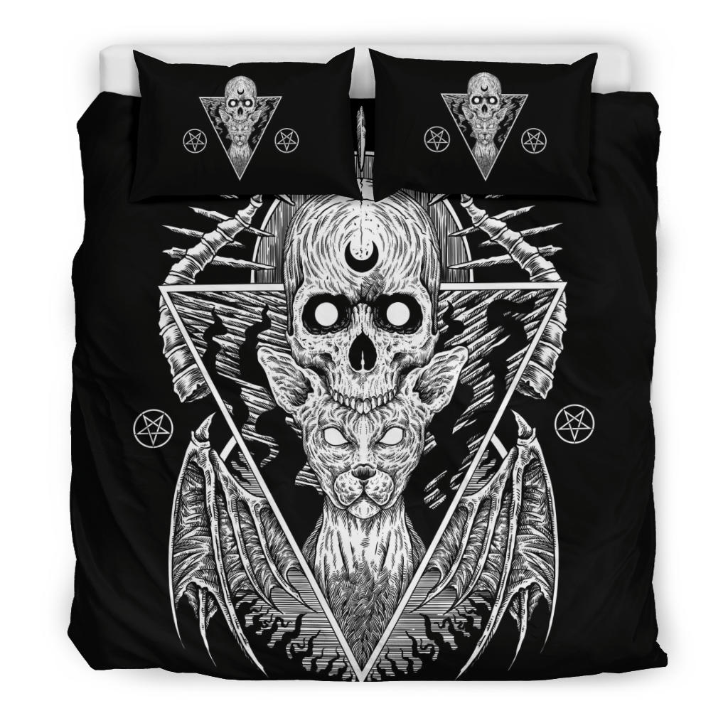 Gothic Skull Cat Inverted Pentagram Version 3 piece Duvet Set