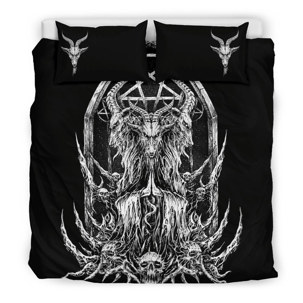 Skull Inverted Pentagram Satanic Goat Shrine 2nd Prayer Black And White Version 3 Piece Duvet Set