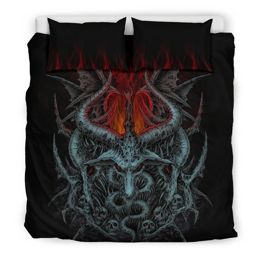 Skull Satanic Goat Winged Demon Flame 3 Piece Duvet Set Red Flame Version