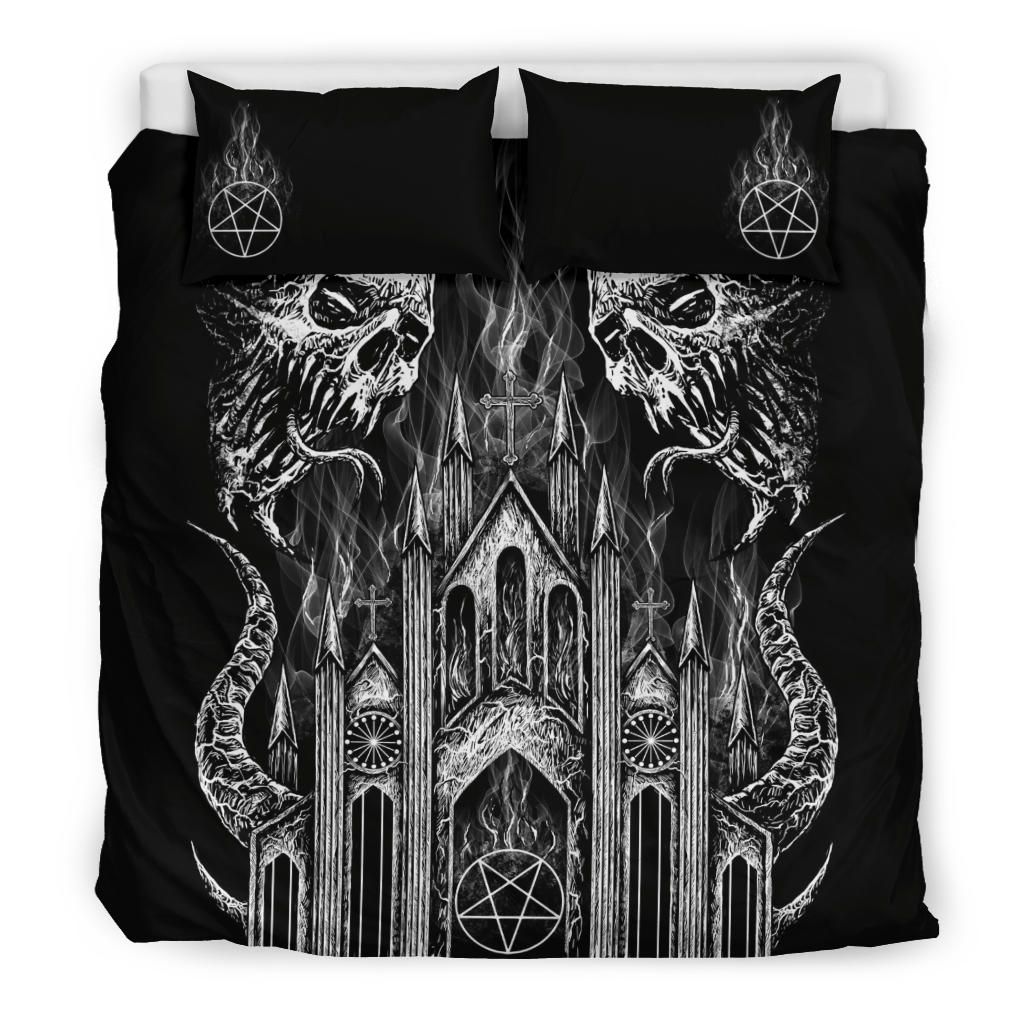 Skull Demon Satanic Pentagram Church 3 Piece Duvet Set Black And White