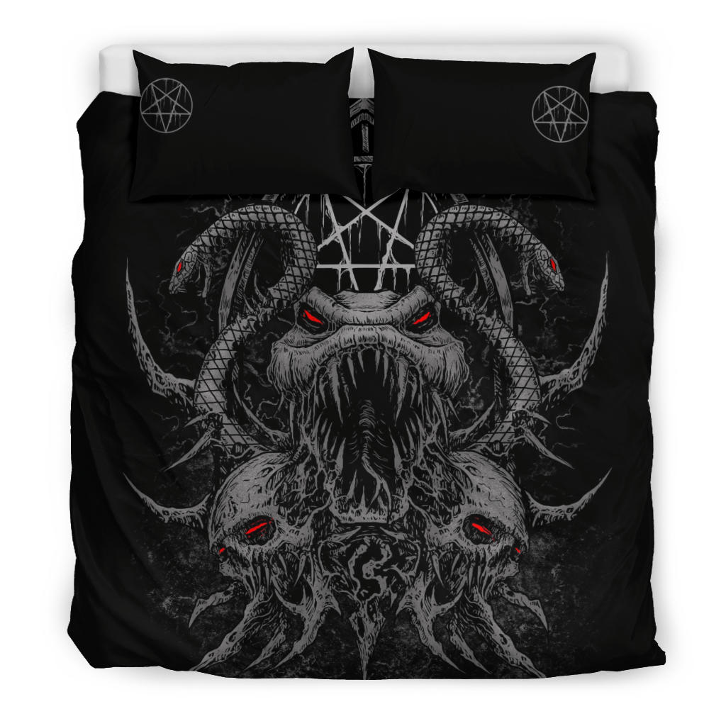 Skull Demon Serpent Satanic Pentagram 3 Piece Duvet Set Killer Grey Red Eye