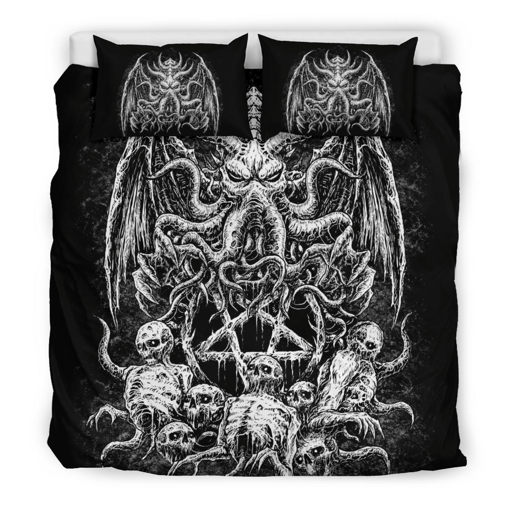 Skull Skeleton Demon Octopus Satanic Pentagram 3 Piece Duvet Set Black And White Version