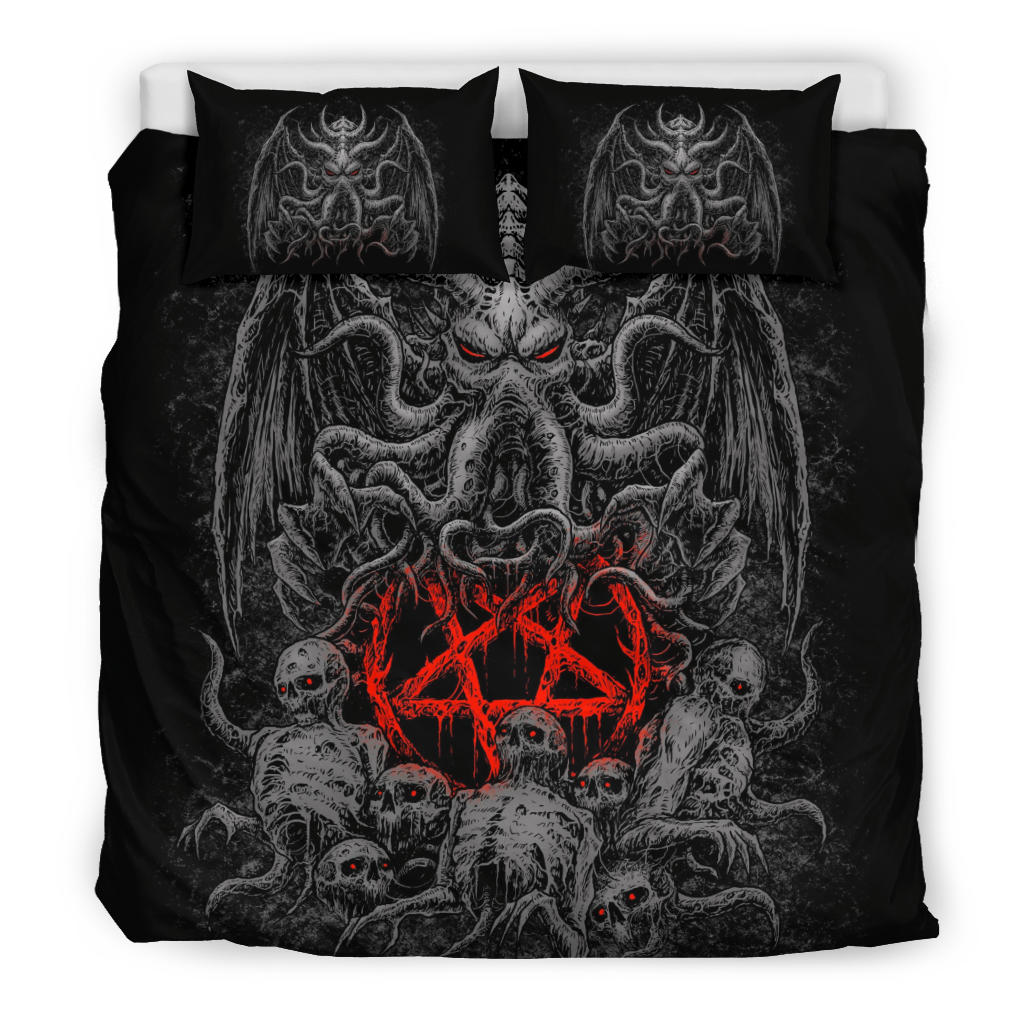 Skull Skeleton Demon Octopus Satanic Pentagram 3 Piece Duvet Set Dark Style Red Pentagram