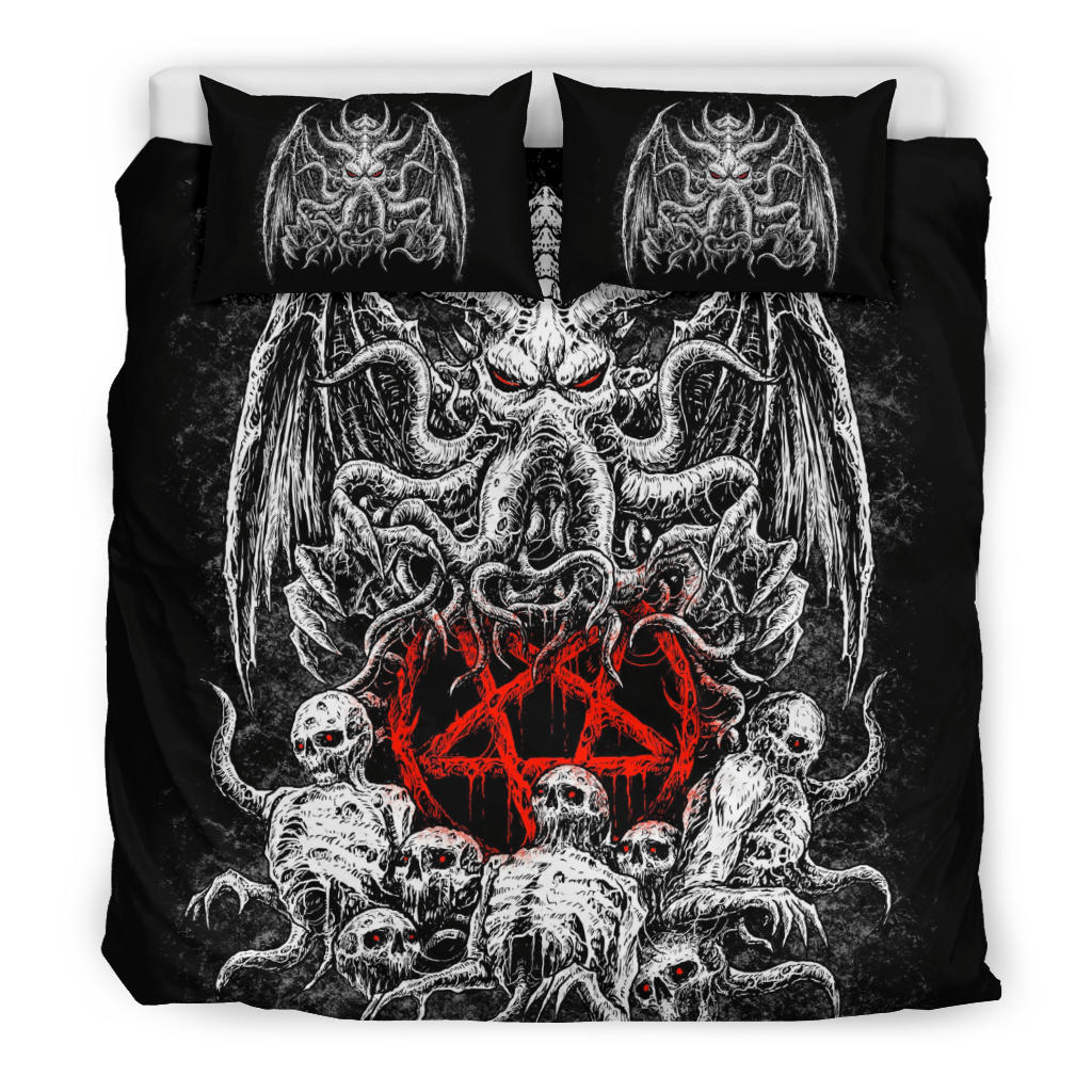 Skull Skeleton Demon Octopus Satanic Pentagram 3 Piece Duvet Set Black And White Red