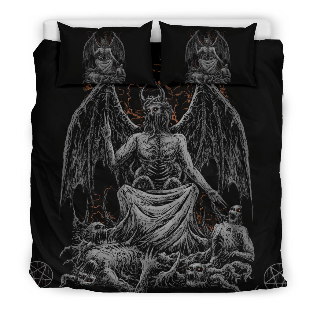 Skull Skeleton Winged Demon God Satanic Pentagram 3 Piece Duvet Set Dark Version