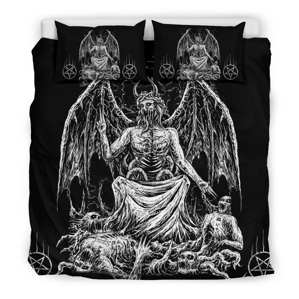 Skull Skeleton Satanic Demon God Satanic Pentagram 3 Piece Duvet Set Black And White