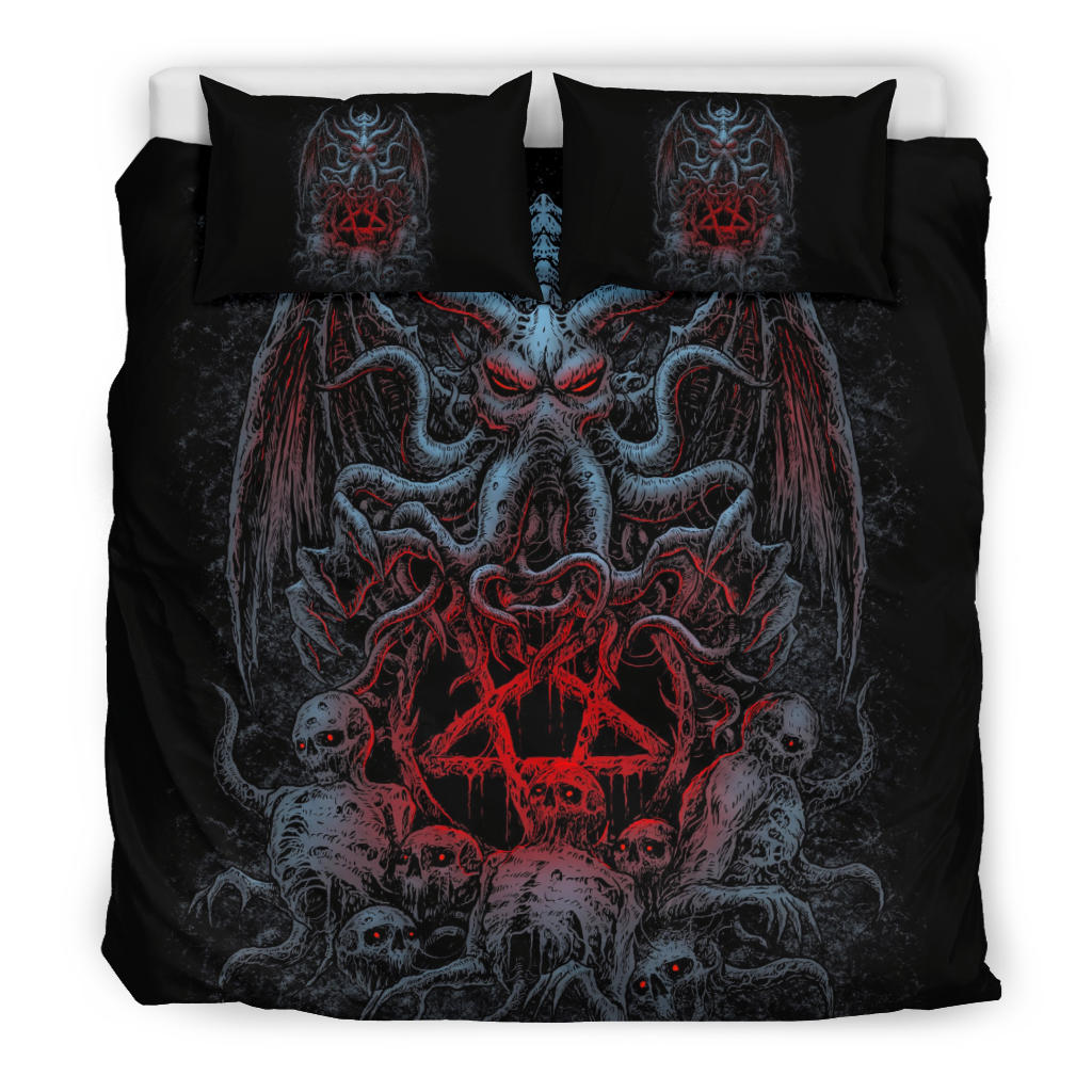 Skull Skeleton Demon Octopus Satanic Pentagram 3 Piece Duvet Set Color Red Pentagram Version