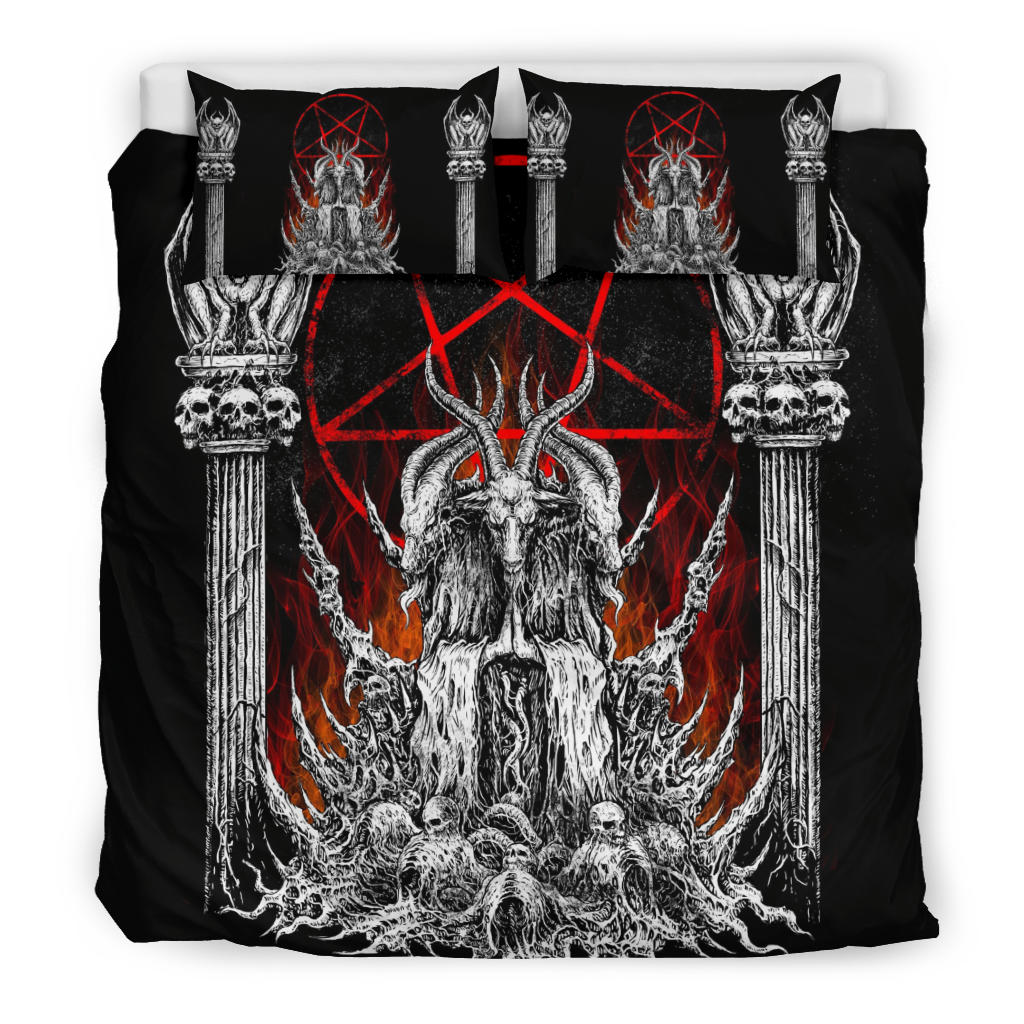 Skull Satanic Goat Satanic Pentagram Flame 3 Piece Duvet Set Goat Flame Pillow Version