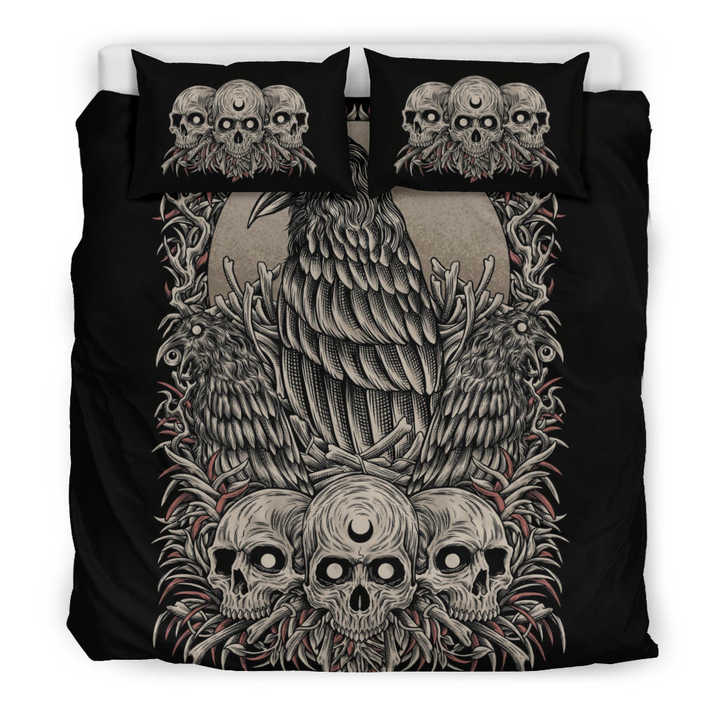 Skull Goth Occult Crow 3 Piece Duvet Set Color Color Version