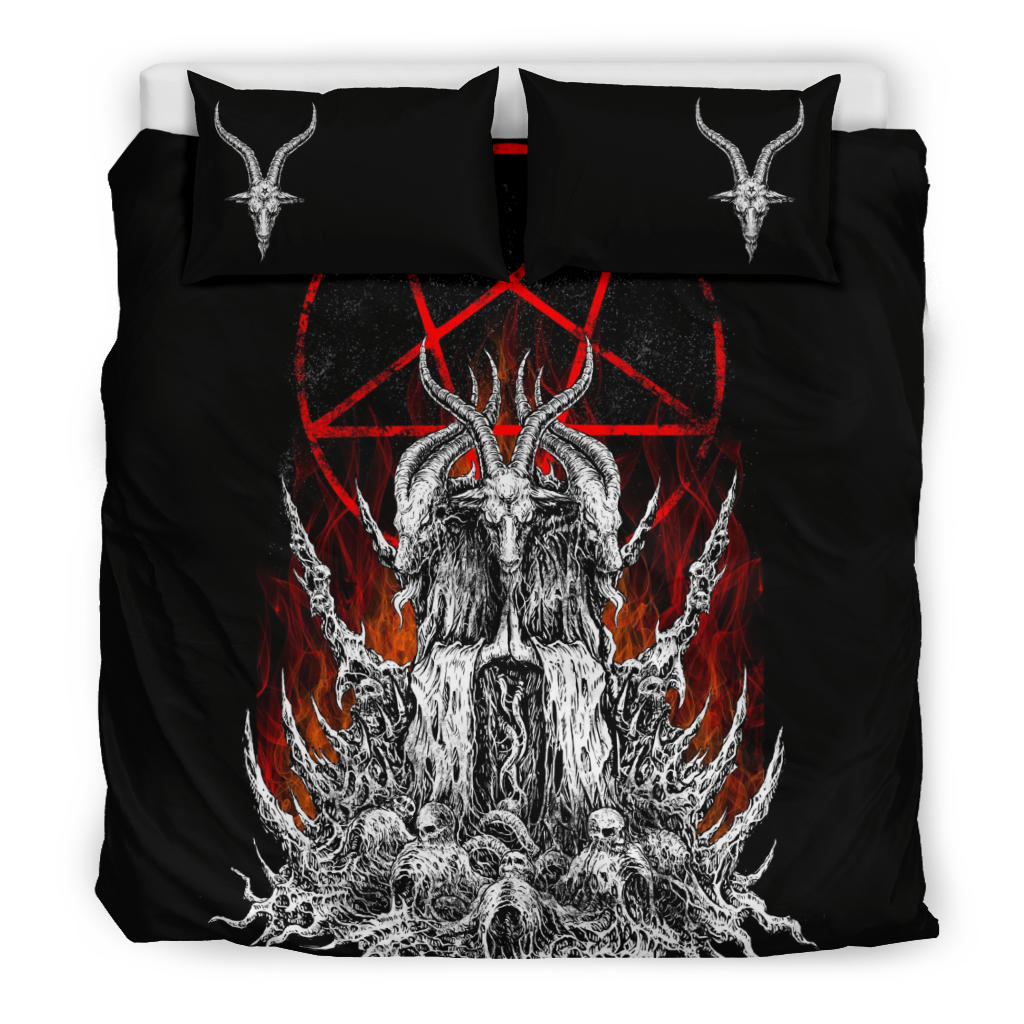 Skull Skeleton Satanic Goat Satanic Pentagram Flame 3 Piece Duvet Set With Large Pentagram Goat Head Pillow Covers