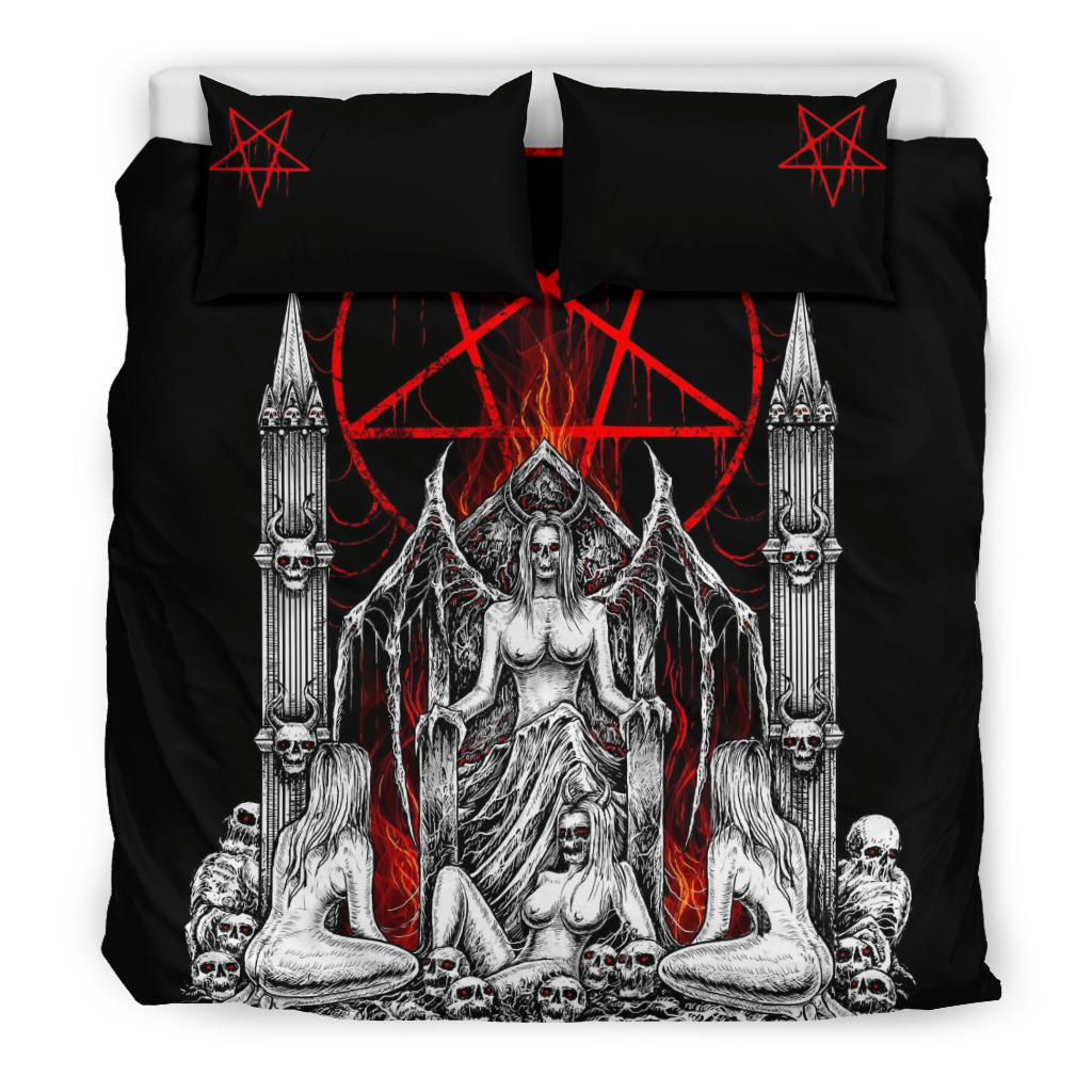 Skull Satanic Pentagram Demon Lust Throne 3 Piece Duvet Set Black And White Red