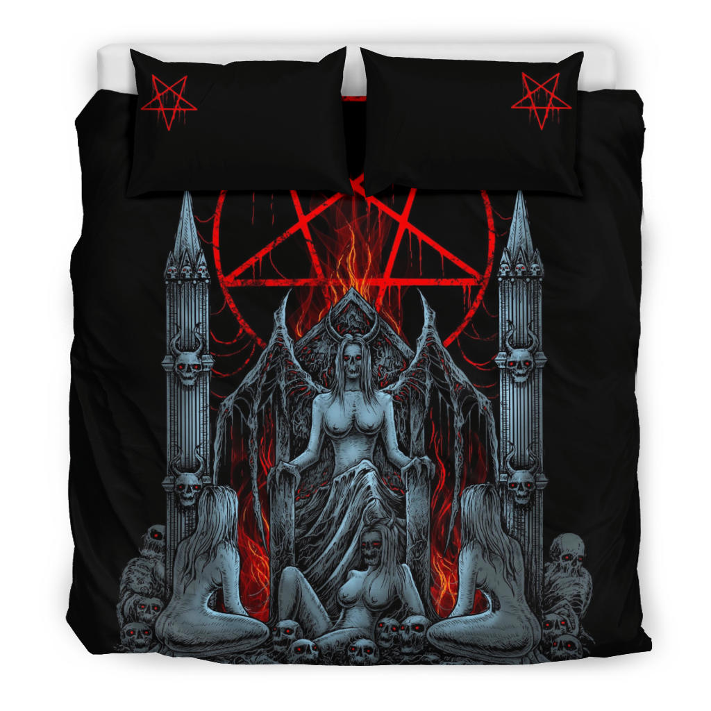 Skull Satanic Pentagram Flame Lust Throne 3 Piece Duvet Set Color Version