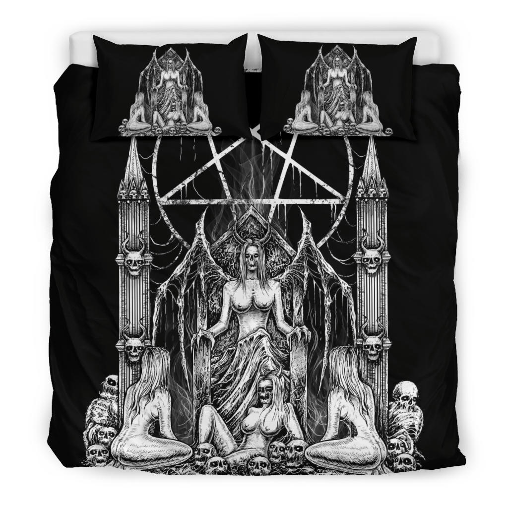 Skull Satanic Pentagram Lust Throne 3 Piece Duvet Set Black And White Throne Pillow Version