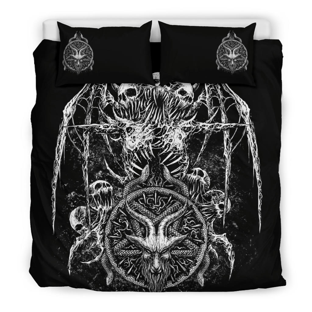 Skull Satanic Goat Satanic Pentagram Serpent 3 Piece Duvet Set Black And White