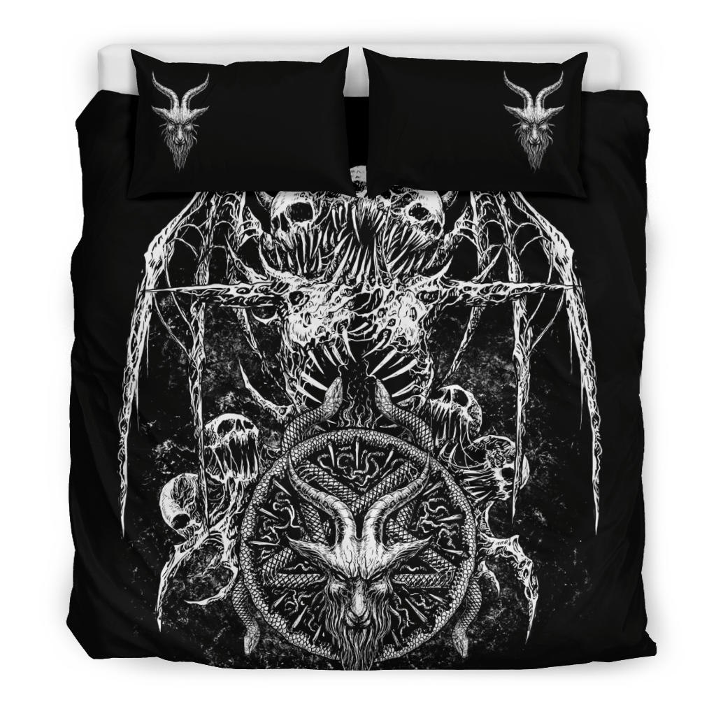 Skull Bat Wing Satanic Goat Satanic Pentagram Serpent 3 Piece Duvet Set Black And White Goat Head Pillow Version