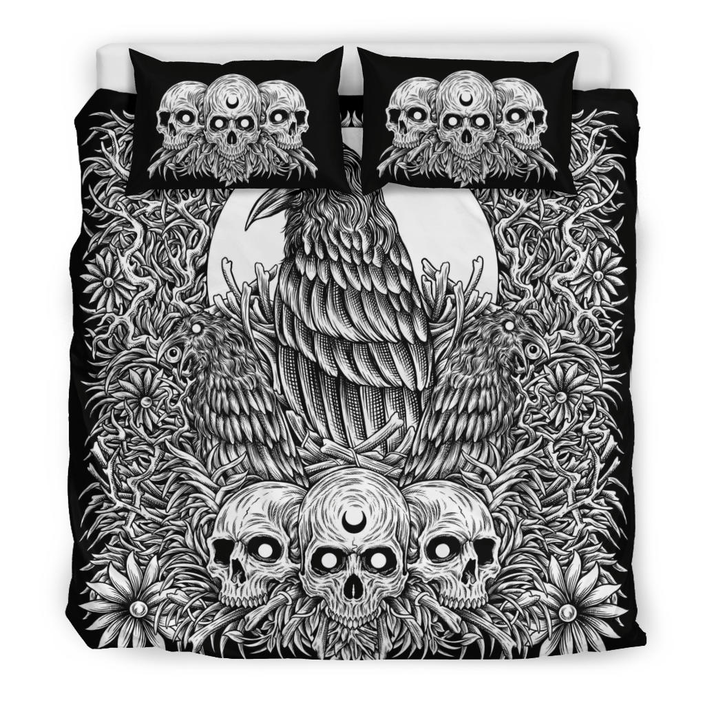 Skull Gothic Occult Crow 3 Piece Duvet Set Black And White