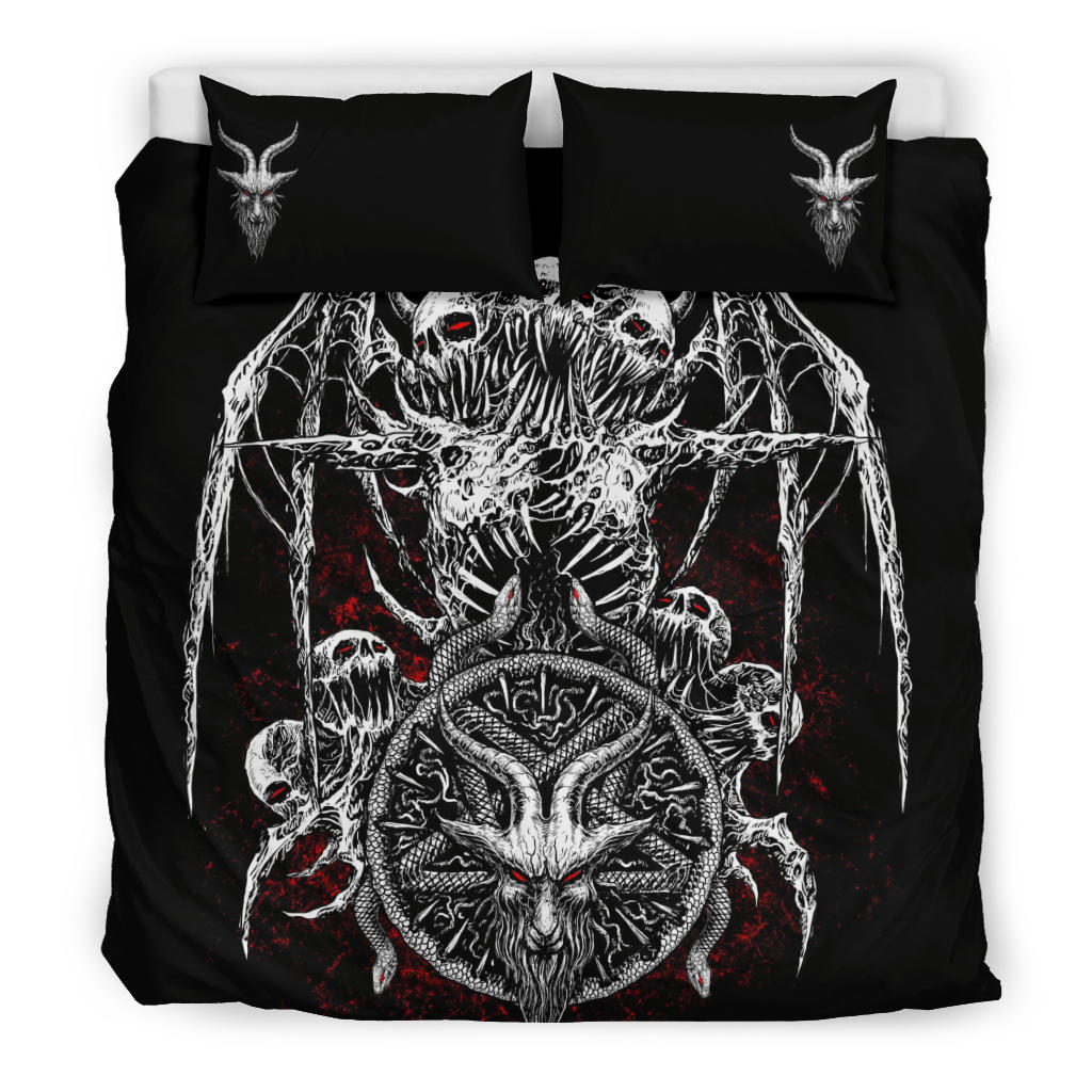 Skull Satanic Demon Goat Bat Wing Satanic Pentagram Serpent 3 Piece Duvet Set Red Eye Red Background Version