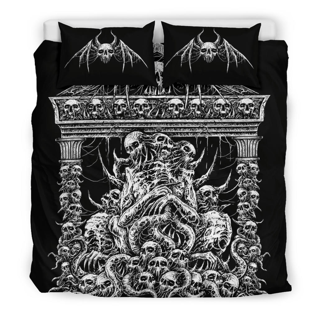 Skull Skeleton Bat Wing Skull 3 Piece Duvet Set Black And White