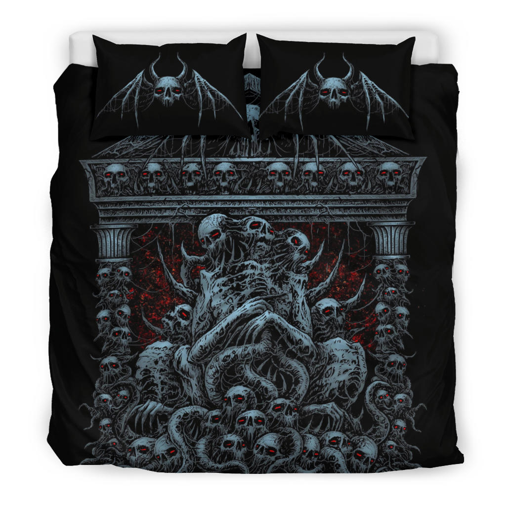 Skull Skeleton Demon Bat Skull Death Shrine 3 Piece Duvet Set Color Version