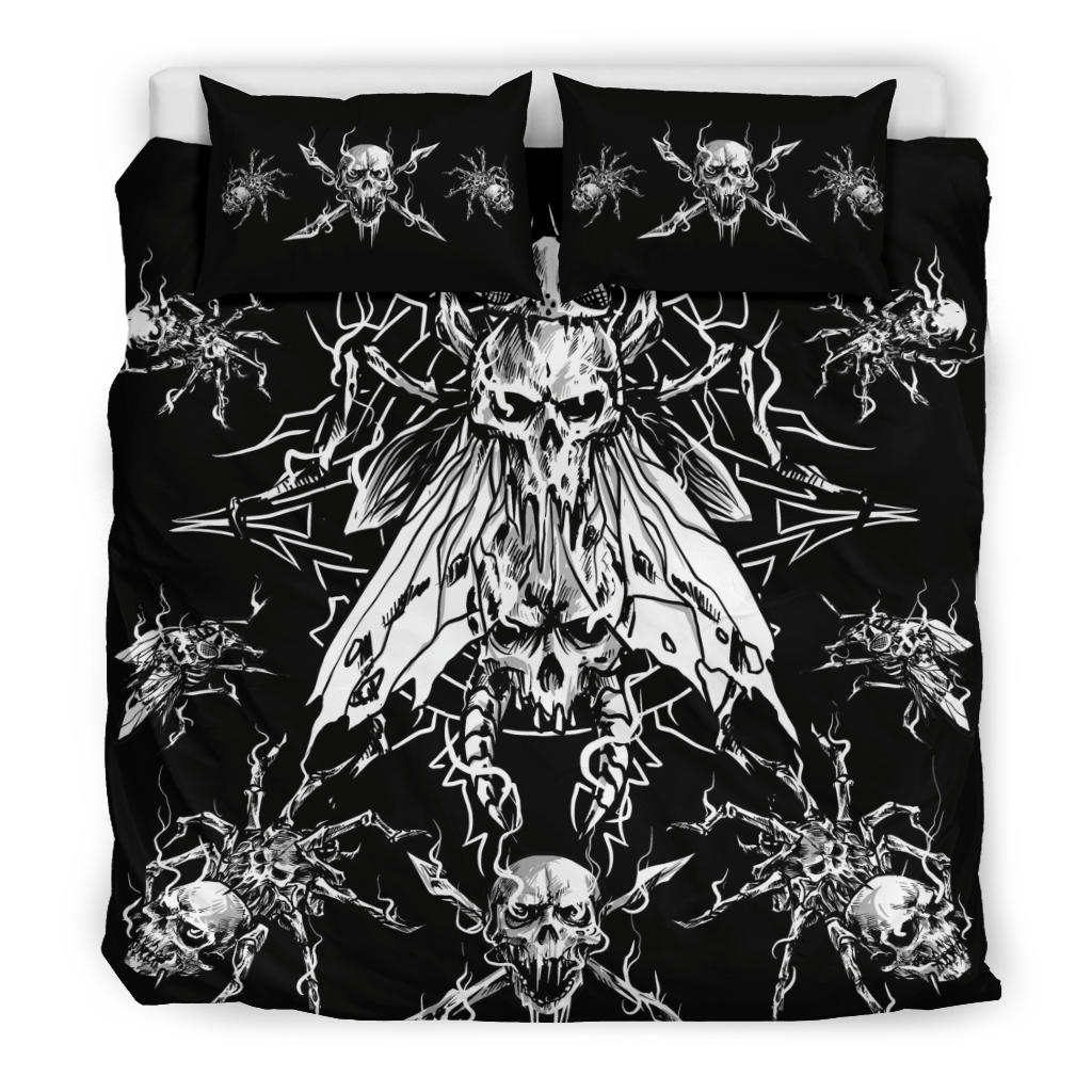 Skull Evil Goth Spider Fly 3 Piece Duvet Set Black And White Large Fly Version
