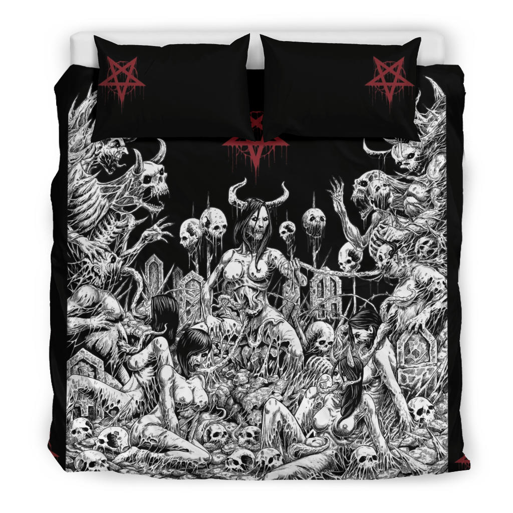 Skull Satanic Pentagram Demon Nymphomania And Loving It 3 Piece Duvet Set Black And White Version
