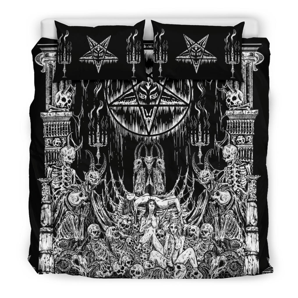 Skull Demon Satanic Pentagram Satanic Goat Priest Candle 3 Piece Duvet Set With Pentagram Bottom Corners
