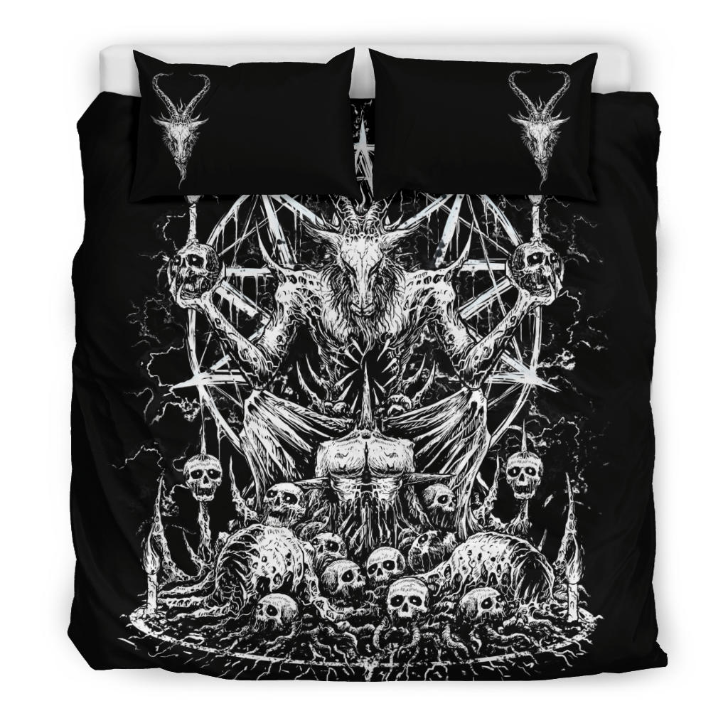 Skull Skeleton Satanic Goat Eternal Impaled Torment Skull Candle Trophy 3 Piece Duvet Set All Black And White Version