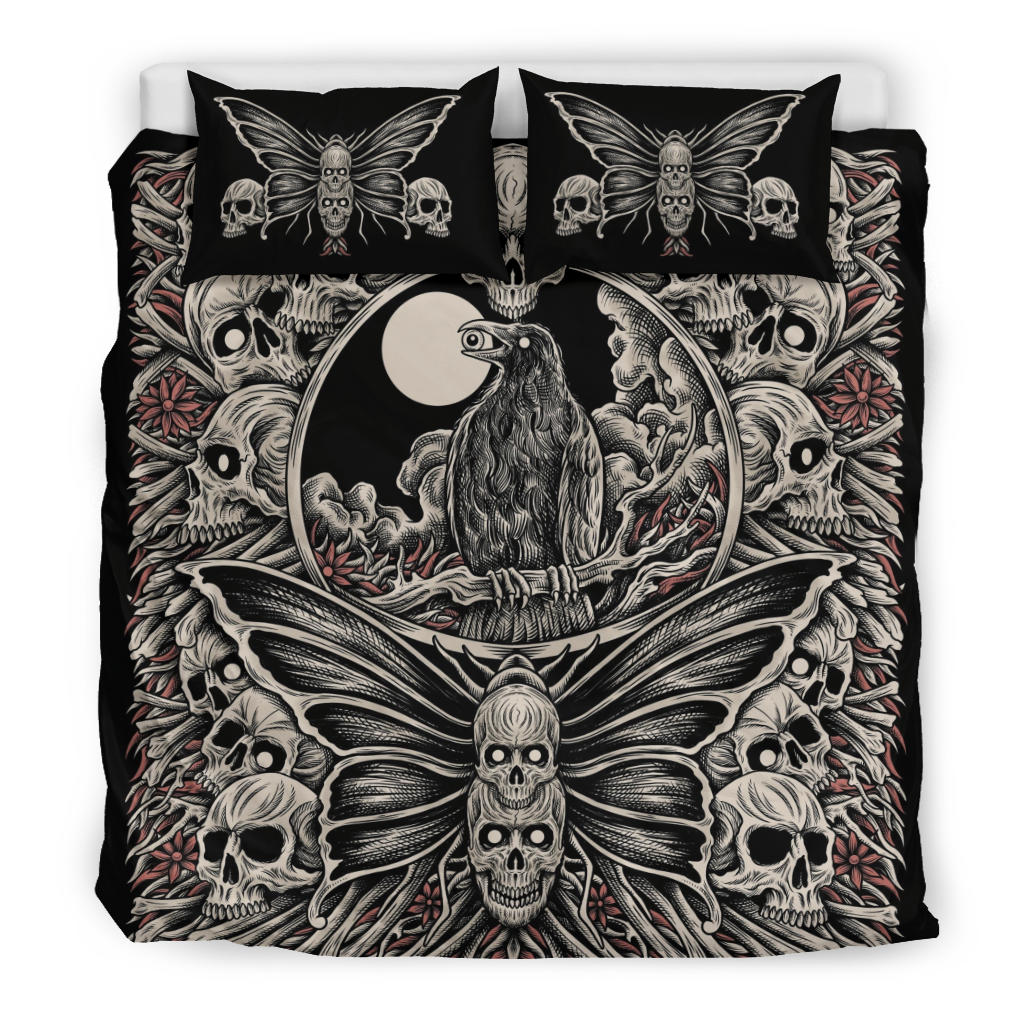 Skull Occult Raven Crow Moth 3 Piece Duvet Set Color Version