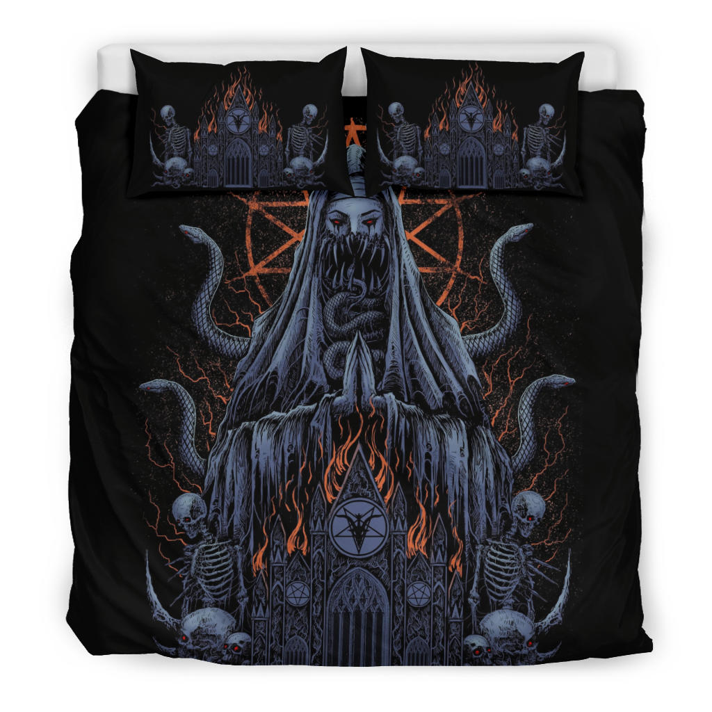 Skull Demon Virgin Serpent Satanic Pentagram Flame Church 3 Piece Duvet Set Night Blue