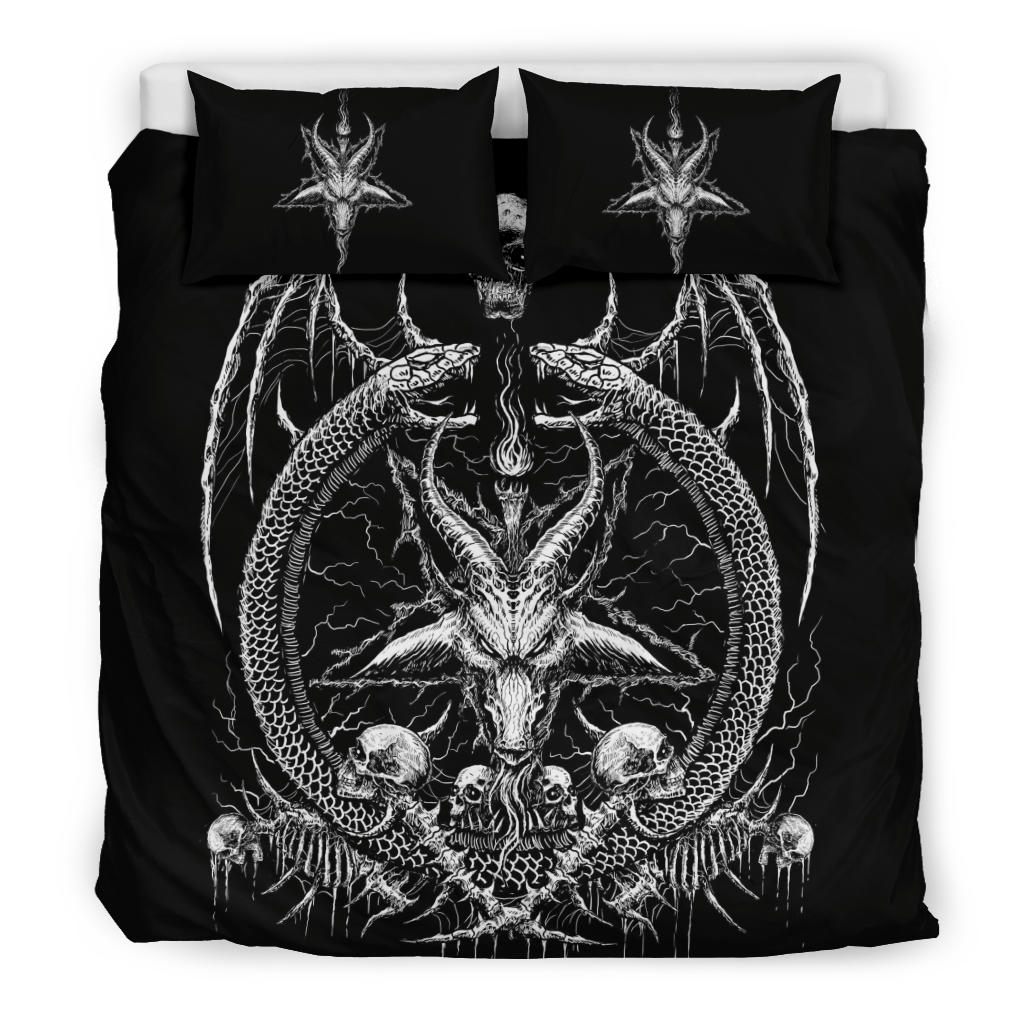Skull Skeleton Demon Satanic Goat Satanic Pentagram Serpent 3 Piece Duvet Set Black And White