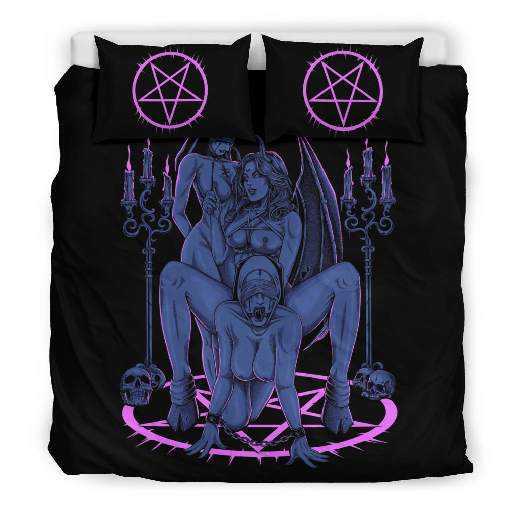 Skull Satanic Pentagram Thorn Candle Satanic Cross Erotic Possession 3 Piece Duvet Set Sexy Wild Blue Pink