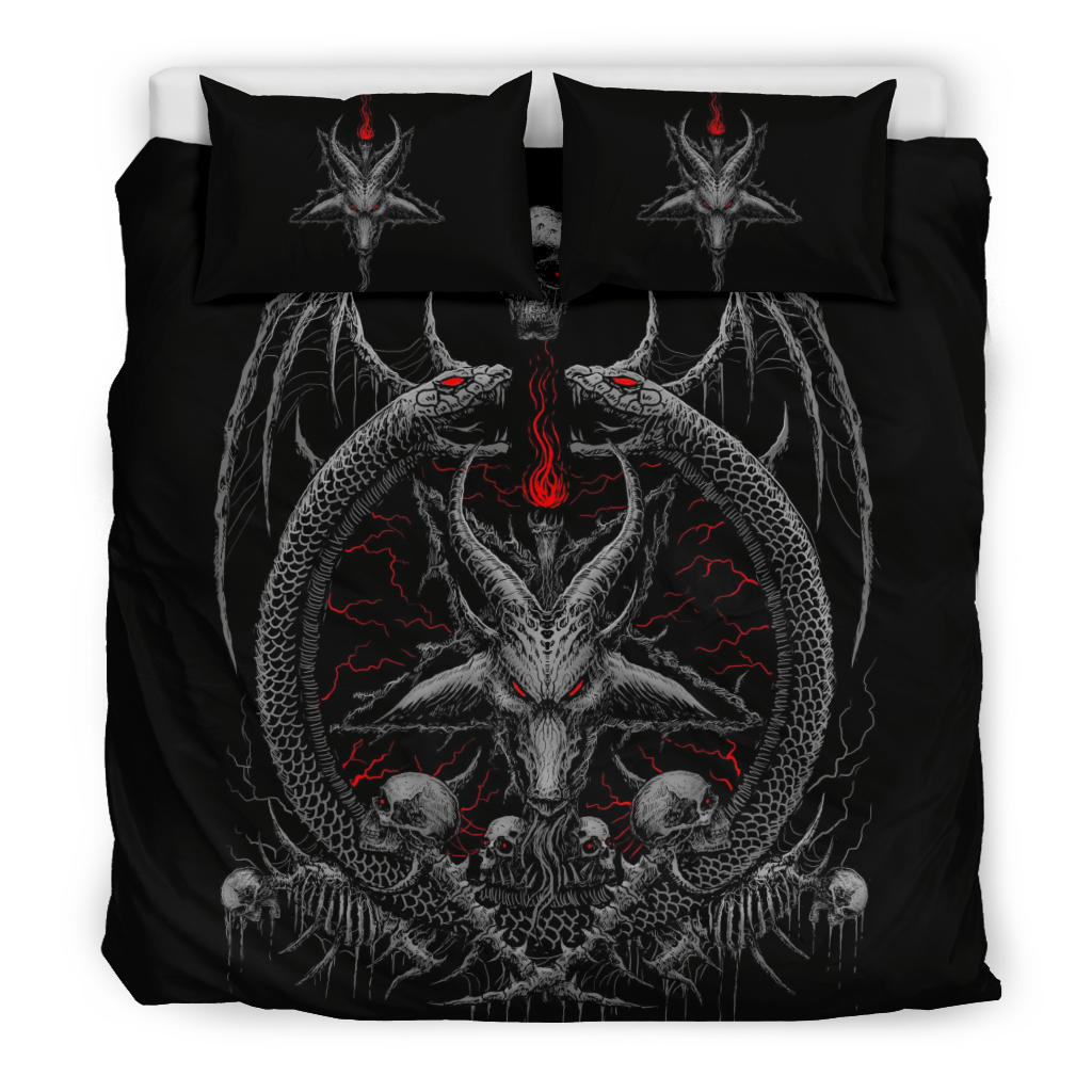 Skull Demon Satanic Goat Satanic Pentagram Serpent 3 Piece Duvet Set Silver And Red