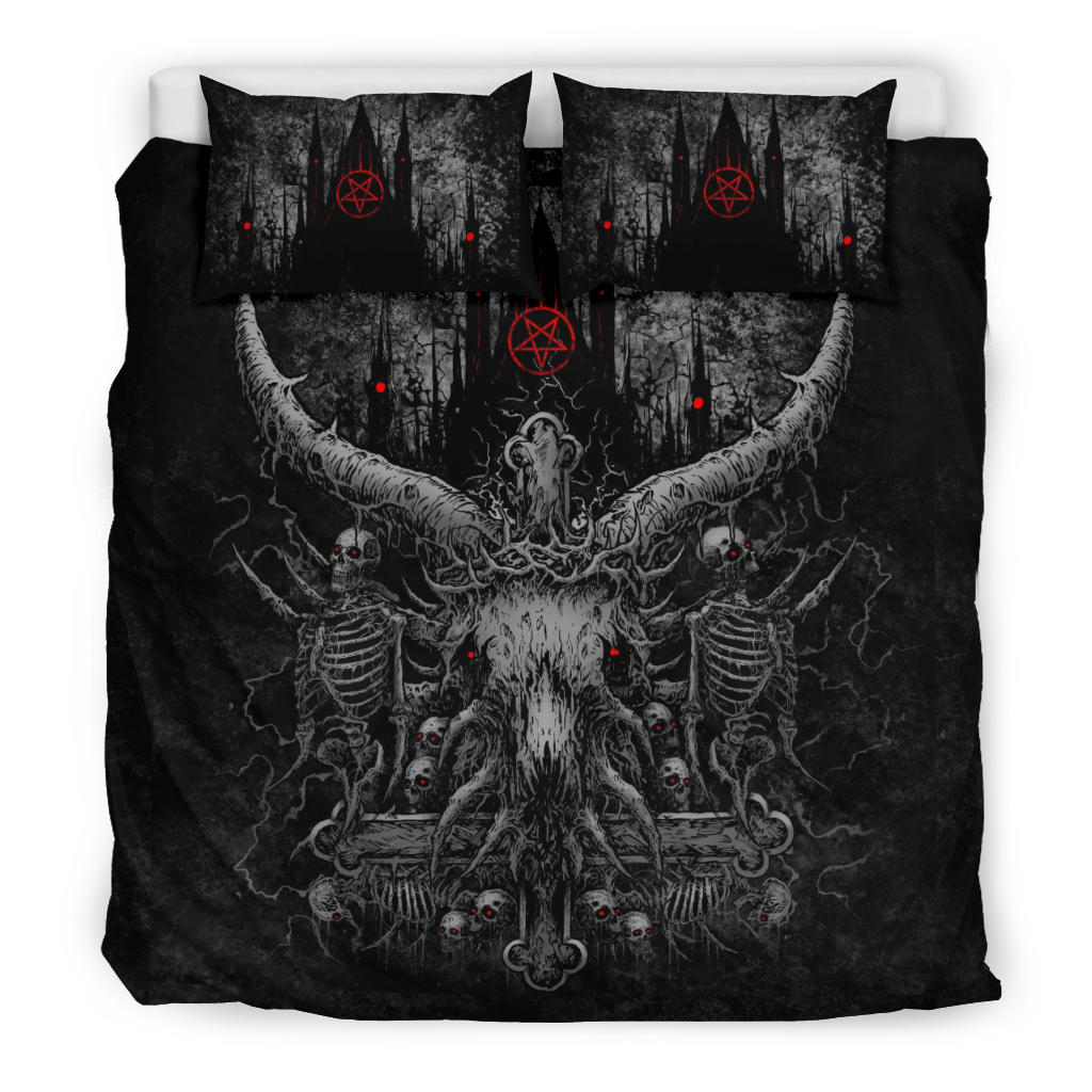 New! Skull Satanic Crowned Goat Satanic Cross Satanic Pentagram Night Church 3 Piece Duvet Set Awesome New Skull Silver Cross Red