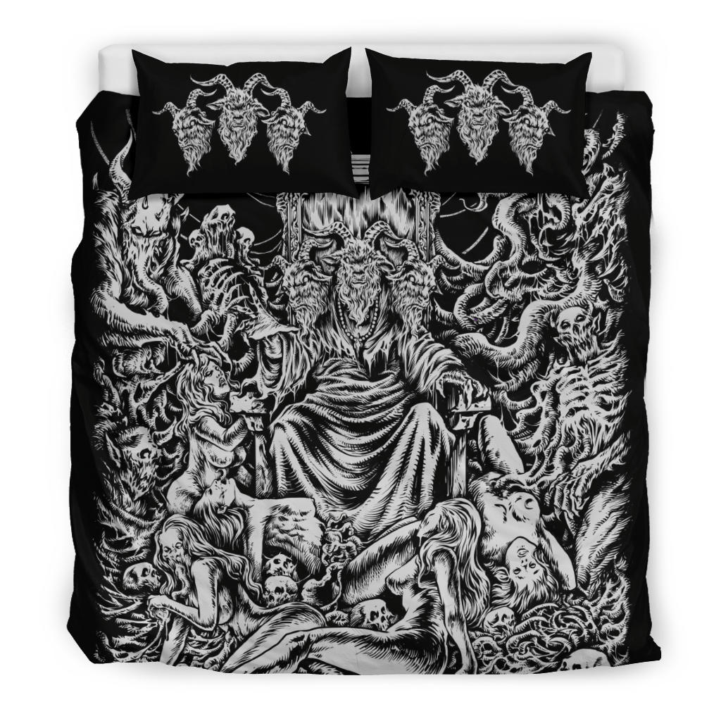 Skull Demon Satanic Goat Baphomet Throne 3 Piece Duvet Set Black And White