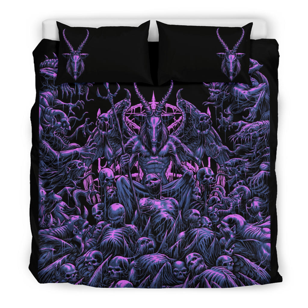 Skull Satanic Pentagram Winged Satanic Goat Demon Zombie Galore Throne 3 Piece Duvet Set Awesome Night Blue Pink