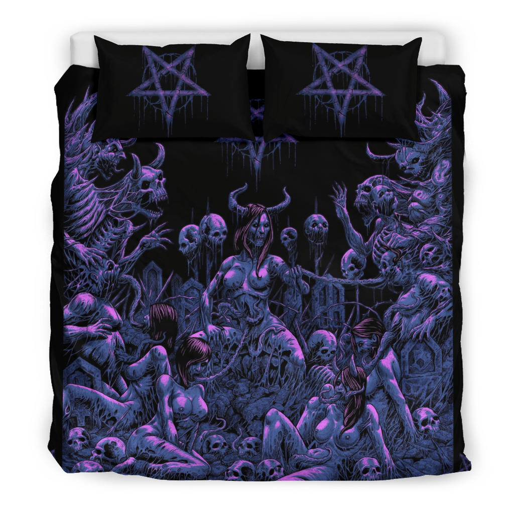 Skull Satanic Pentagram Demon Nymphomania And Lovin It 3 Piece Duvet Set New Wild Erotic Night Blue Pink Tint