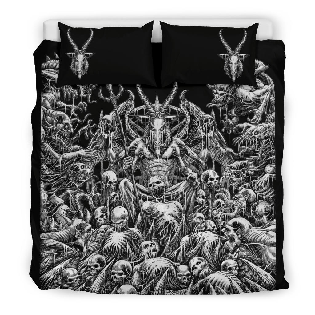 Skull Satanic Pentagram Winged Satanic Goat Demon Zombie Galore Throne 3 Piece Duvet Set Black And White